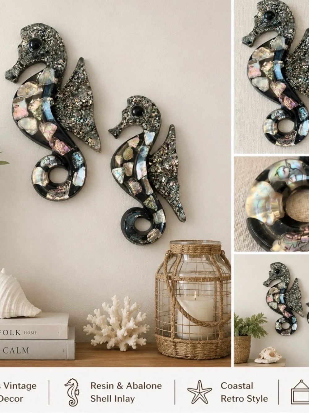 Vintage Seahorse set resin abalone shell Wall Art 1960s Retro Beach cottage